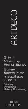 Artdeco 3 w 1 Make-up Fixing Spray, czarna etykieta produktu 100ml z białym tekstem, widok z przodu.