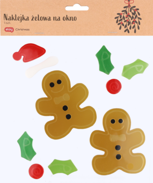 Świąteczne naklejki żelowe na okno: dwa brązowe piernikowe ludziki, zielony ostrokrzew, czerwone jagody, czapka.