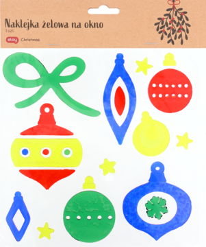 Żelowe naklejki na okno na Boże Narodzenie: zestaw z kolorowymi bombkami, gwiazdkami i zieloną kokardą. Widok z góry.