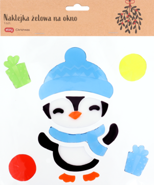 Naklejka żelowa na okno: świąteczny pingwin w niebieskim szaliku i czapce, z małymi prezentami i kołami.