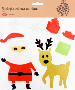 Zestaw świątecznych naklejek żelowych: czerwony Mikołaj, żółty renifer i prezenty na białej karcie produktu.