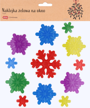 Żelowe naklejki na okno: zestaw błyszczących, kolorowych płatków śniegu w odcieniach czerwieni, błękitu, fioletu i zieleni.