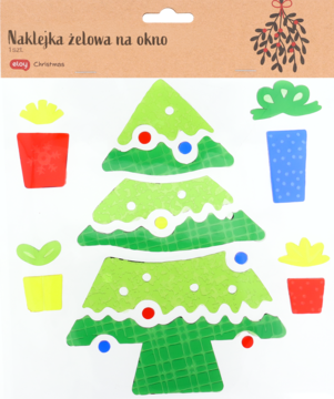 Zestaw żelowych naklejek świątecznych na okno: zielona choinka z lampkami i śniegiem, kolorowe prezenty na opakowaniu.