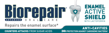 Opakowanie pasty Biorepair Advanced Oral Care Enamel Active Shield, naprawia szkliwo i chroni przed próchnicą.