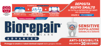 Biorepair Oral Care Advanced Sensitive, biało-czerwone pudełko pasty do zębów, widok z przodu z ikoną zęba.