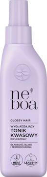 Ne Boa dwufazowy tonik kwasowy do włosów, fioletowa butelka spray, widok z przodu, GLOSSY HAIR.