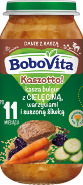Słoik BoboVita Kaszotto, kasza bulgur z cielęciną, warzywami i suszoną śliwką, po 11 miesiącu, widok z przodu.