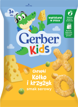 Front opakowania Gerber Kids Chrupki Kółko i Krzyżyk, serowe, pieczone, z aligatorem i przekąskami X i O.