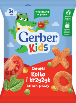 Gerber Kids Chrupki Kółko i Krzyżyk smak pizzy w niebieskiej paczce z rysunkiem krokodyla i chrupkami w kształcie O i X.