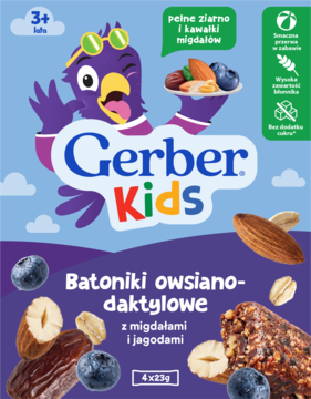 Opakowanie batoników Gerber Kids owsiano-daktylowych z migdałami, jagodami i ptakiem 3+ lat.