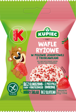 Kupiec Kubuś Wafle Ryżowe w jogurtowej polewie z truskawkami, opakowanie zielono-różowe, przód.
