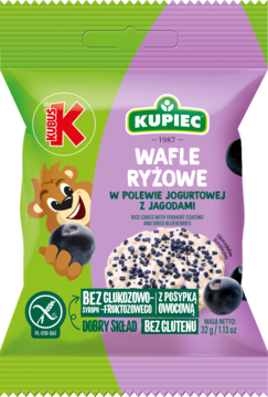 Opakowanie Kupiec Wafli Ryżowych z jogurtowo-jagodową polewą. Bez glutenu i syropu glukozowo-fruktozowego.