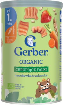 Gerber Organic Chrupiące Falki Marchewka Truskawka, zielona puszka, przód, grafiki marchewek i truskawek.