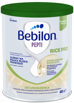 Bebilon Pepti Rice Pro, hydrolizat ryżu dla alergii na mleko krowie, biała puszka, widok z przodu.