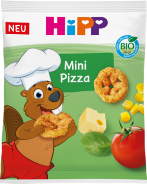 HiPP Mini Pizza BIO, ekologiczne chrupki kukurydziane. Białe opakowanie z bobrem kucharzem i składnikami.