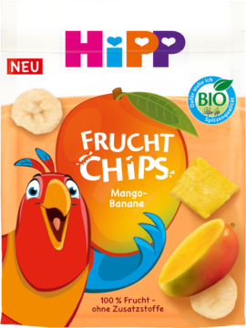 Pomarańczowe opakowanie HiPP BIO Frucht CHIPS Mango-Banane z mango, bananami i wesołą papugą. Z przodu.