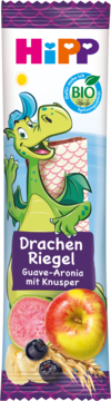HiPP BIO Drachen Riegel Guave-Aronia batonik. Opakowanie z zielonym smokiem, jabłkiem, guawą, aronią, bananem i owsem.