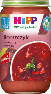 HiPP BIO Barszczyk z wołowiną, słoiczek dla dzieci po 1. roku, widok z przodu na czerwoną etykietę z zupą.