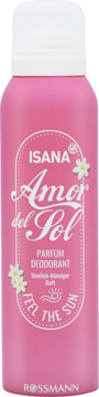 Różowy dezodorant ISANA Amor del Sol w puszce, widok z przodu, z białym napisem i kwiatowymi grafikami.