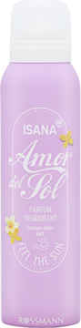 Lawendowy dezodorant w sprayu ISANA Amor del Sol Parfum Deodorant, z białym napisem i żółtymi kwiatami, widok z przodu.