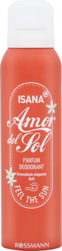 Dezodorant ISANA Amor del Sol Parfum w koralowej puszce, widok z przodu. Białe napisy, kwiaty i słońce.
