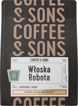Coffee & Sons Włoska Robota, kawa ziarnista 200g. Ciemna paczka z beżowym logo i smakiem czekolady.