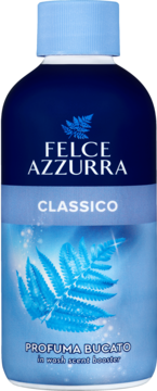 Ciemnoniebieski booster zapachowy Felce Azzurra Classico z niebieskim liściem paproci, widok z przodu.