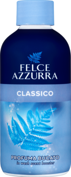 Booster zapachowy do prania Felce Azzurra Classico, ciemnoniebieska butelka z błękitną paprocią, widok z przodu.