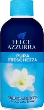 Felce Azzurra Pura Freschezza in-wash scent booster w ciemnoniebieskiej butelce z kwiatem, widok z przodu.