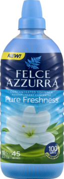Felce Azzurra Pure Freshness płyn do płukania, niebieska butelka z białym kwiatem, 45 prań, 100 dni zapachu.