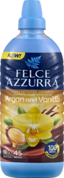 Felce Azzurra Argan & Vanilla, skoncentrowany płyn do płukania w niebieskiej butelce, z motywem arganu i wanilii.