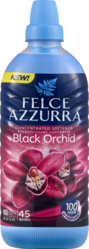 Felce Azzurra Black Orchid koncentrat, granatowa butelka z niebieskim korkiem, różowe orchidee na etykiecie.