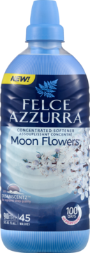 Niebieski płyn Felce Azzurra Moon Flowers 900ml, skoncentrowany, kwiatowy zapach, przód butelki.