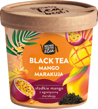 Opakowanie herbaty Brown House & Tea Black Tea Mango Marakuja, cylindryczne, z grafiką mango i marakui.