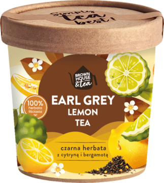 Brown House & Tea Earl Grey Lemon Tea, czarna herbata liściasta w kremowym kubku z cytryną i bergamotą, widok z przodu.