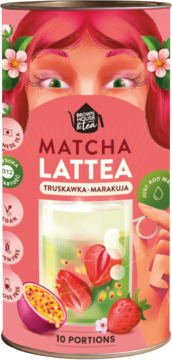 Różowa puszka Matcha Lattea Truskawka Marakuja. Na etykiecie kobieta, matcha w szklance z owocami, 10 porcji.