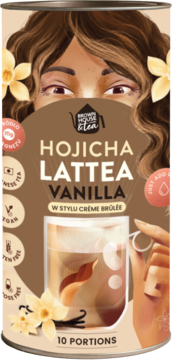 Brown House & Tea Hojicha Lattea Vanilla z magnezem, brązowa puszka z ilustracją napoju i wanilii.
