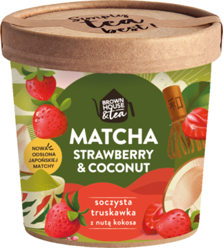 Kubek Brown House & Tea Matcha Strawberry & Coconut, zielono-czerwona etykieta z owocami, widok z przodu.