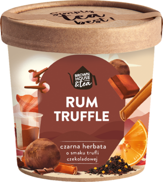 Brown House Tea Rum Truffle, czarna herbata. Brązowe opakowanie z grafiką trufli, pomarańczy i cynamonu, widok z przodu.