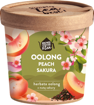 Kartonowa tubka herbaty Oolong Peach Sakura z grafiką brzoskwiń, różowych kwiatów wiśni i liści, widok z przodu.