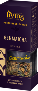 Fioletowe pudełko Living Genmaicha Premium Selection, zielona herbata z prażonym ryżem widoczna przez okienko z przodu.
