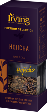 Ciemnofioletowe opakowanie herbaty Living Hojicha Premium Selection, z okienkiem na prażoną zieloną herbatę.