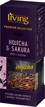 Living Premium Selection Hojicha & Sakura, ciemnofioletowe pudełko z oknem, prażona zielona herbata z wiśnią i płatkami róży.