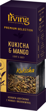 Fioletowe pudełko herbaty Living Kukicha & Mango Light & Juicy, widok z przodu, z oknem na suszone łodygi.
