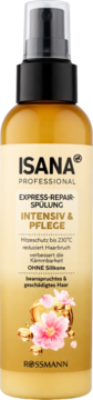 Złoty spray ISANA PROFESSIONAL, intensywna odżywka Express-Repair do włosów zniszczonych. Widok z przodu.