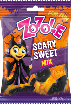 Fioletowa torebka ZOO-LE Scary Sweet Mix z pszczołą-czarownicą i czarnymi cukierkami w kształcie nietoperzy, widok z przodu.
