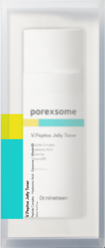 Widok z przodu białego toniku V.Peptox Jelly Toner Dr.nineteen z peptydami, w przezroczystym pudełku z turkus/żółć akcentem.