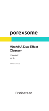 Porexsome VitaAHA Dual Effect Cleanser 150ml, biała etykieta z czarnym tekstem, żółtym i turkusowym paskiem.