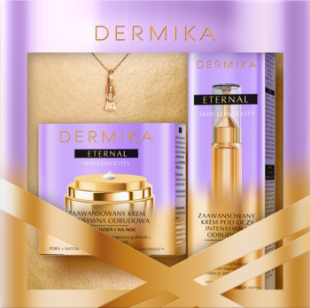 DERMIKA ETERNAL zestaw prezentowy: krem i serum regenerujące skin longevity, z naszyjnikiem, w złoto-fioletowej ramie.
