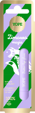 YOPE Butter lip glaze, pielęgnujący błyszczyk w zielono-fioletowym opakowaniu z lisem i jasnofioletową tubką.